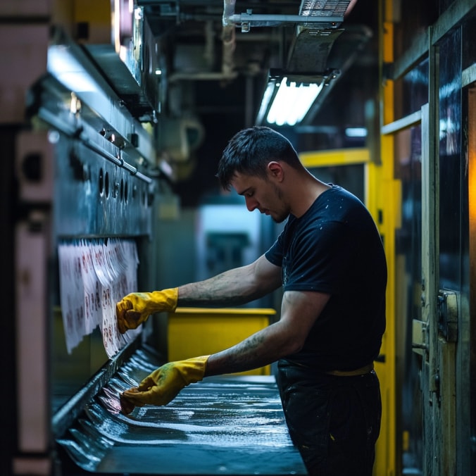 Print Equipment Cleaning Print shop worker cleaning printing equipment
